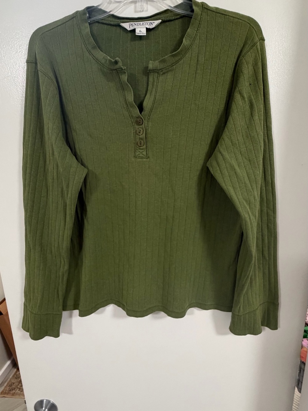 Pendleton Olive Ribbed Henley Long Sleeve Top